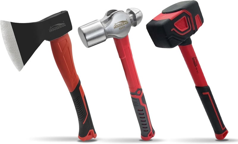 HOUSERAN 3 Piece Hammer Set, 14" Camping Axe, Ball Peen Hammer 1.1kg, 20oz Rubber Mallet, Ball Pin Hammers, Large Hammer, Suitable for Camping, Woodworking, Mechanical Repair - Image 1